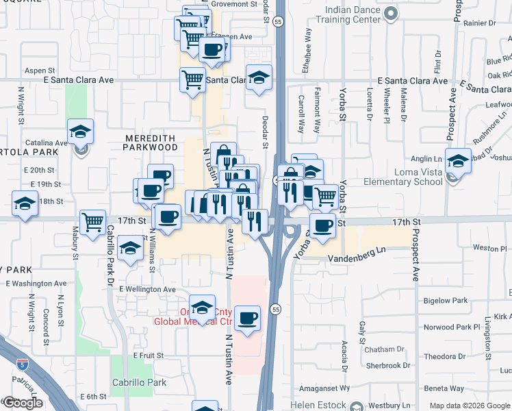 map of restaurants, bars, coffee shops, grocery stores, and more near 13931 Deodar Street in Santa Ana