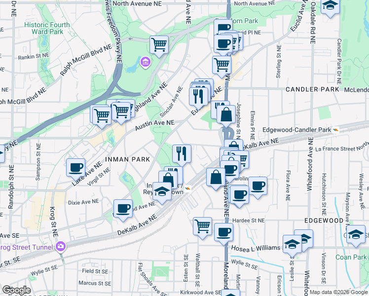 map of restaurants, bars, coffee shops, grocery stores, and more near 1067 Alta Avenue Northeast in Atlanta