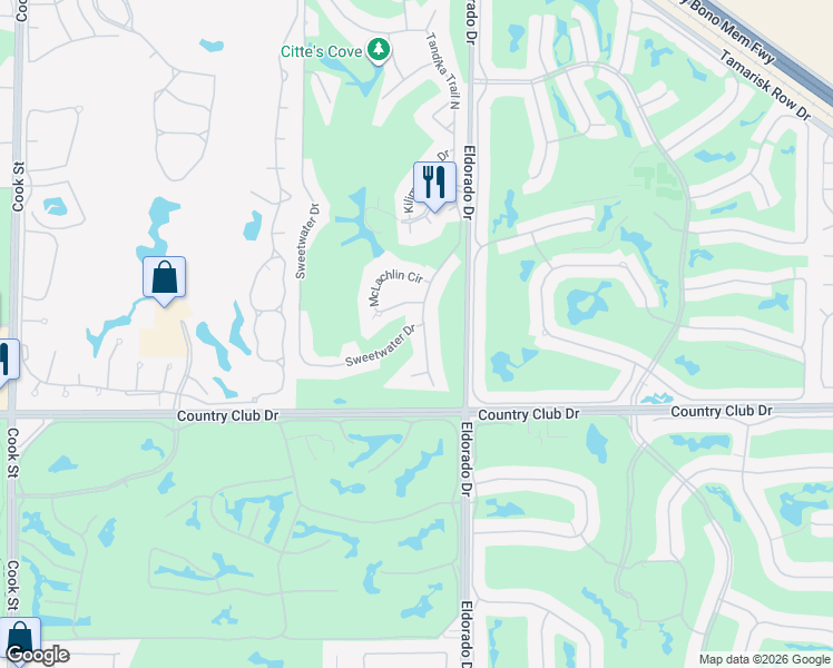 map of restaurants, bars, coffee shops, grocery stores, and more near 39705 Tandika Trail South in Palm Desert