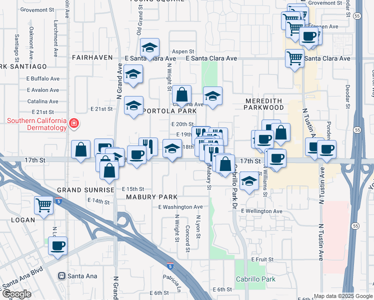 map of restaurants, bars, coffee shops, grocery stores, and more near 1595 17th Street in Santa Ana