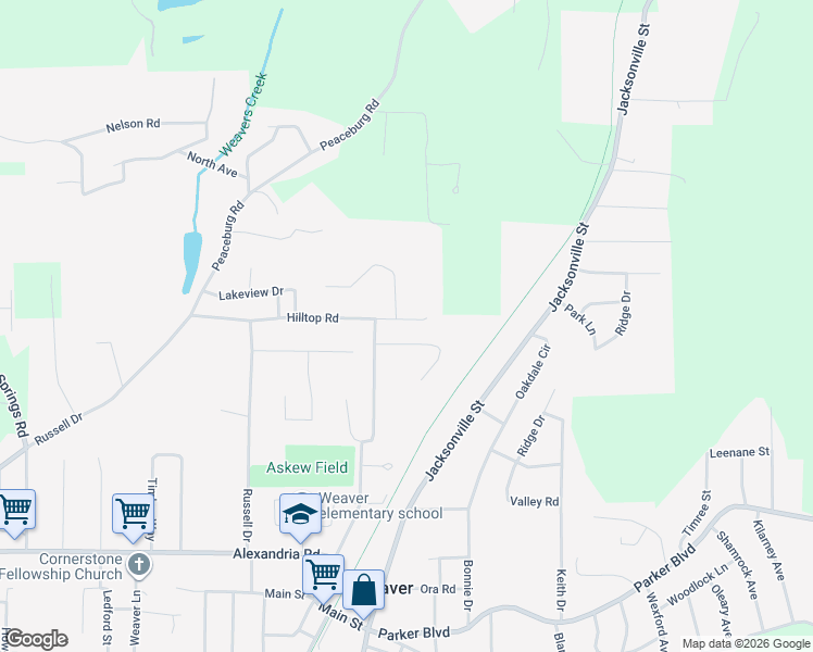 map of restaurants, bars, coffee shops, grocery stores, and more near 304 Hilltop Road in Weaver