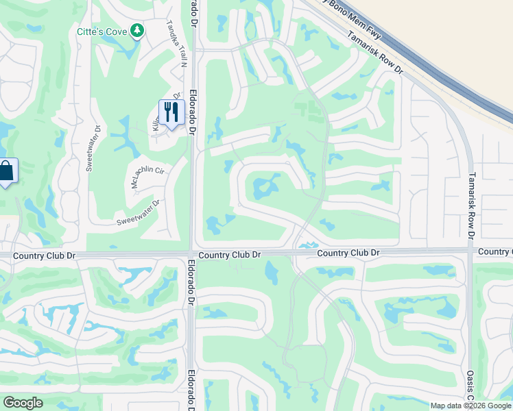 map of restaurants, bars, coffee shops, grocery stores, and more near 76238 Poppy Lane in Palm Desert