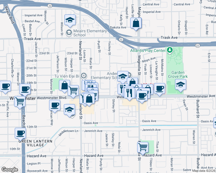 map of restaurants, bars, coffee shops, grocery stores, and more near 13912 Yockey Street in Garden Grove