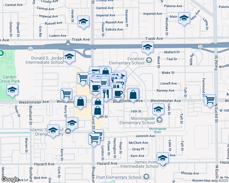map of restaurants, bars, coffee shops, grocery stores, and more near 10131 Westminster Avenue in Garden Grove