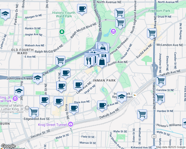 map of restaurants, bars, coffee shops, grocery stores, and more near 895 Inman Village Parkway Northeast in Atlanta