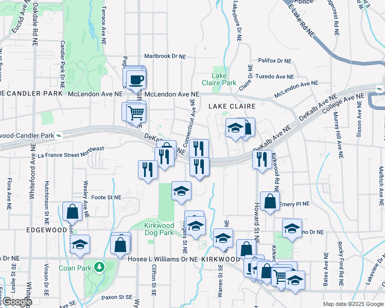 map of restaurants, bars, coffee shops, grocery stores, and more near 1802 DeKalb Avenue Northeast in Atlanta