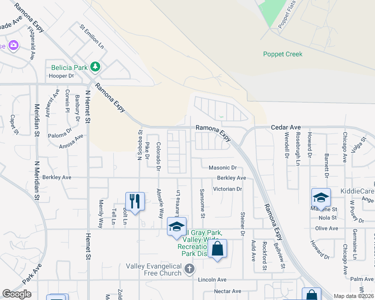 map of restaurants, bars, coffee shops, grocery stores, and more near 881 Lake Street in Hemet