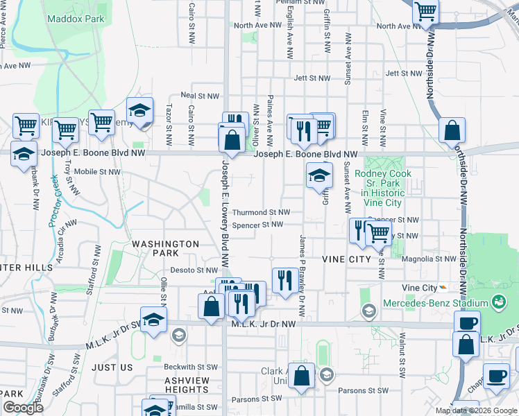 map of restaurants, bars, coffee shops, grocery stores, and more near 218 Sciple Terrace Northwest in Atlanta