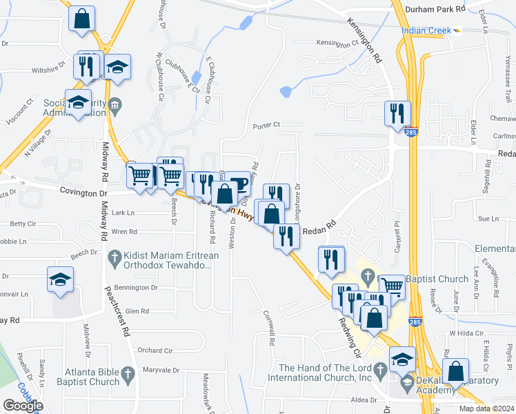 map of restaurants, bars, coffee shops, grocery stores, and more near 1151 Canal Street in Decatur