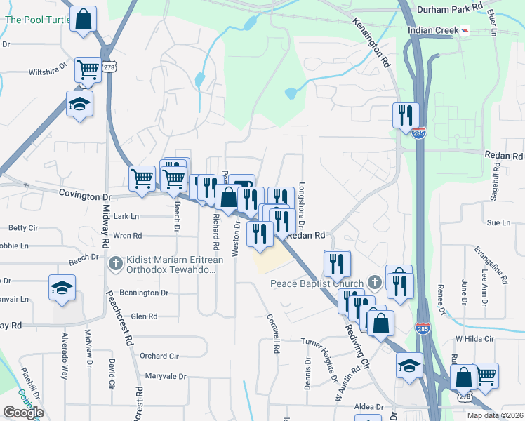 map of restaurants, bars, coffee shops, grocery stores, and more near 1150 Canal Street in Decatur