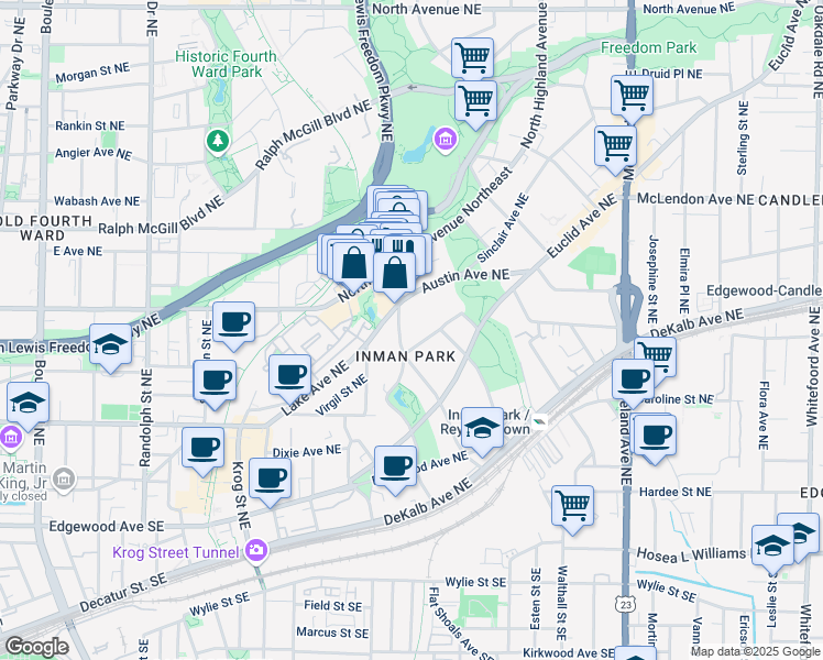 map of restaurants, bars, coffee shops, grocery stores, and more near 926 Waverly Way Northeast in Atlanta