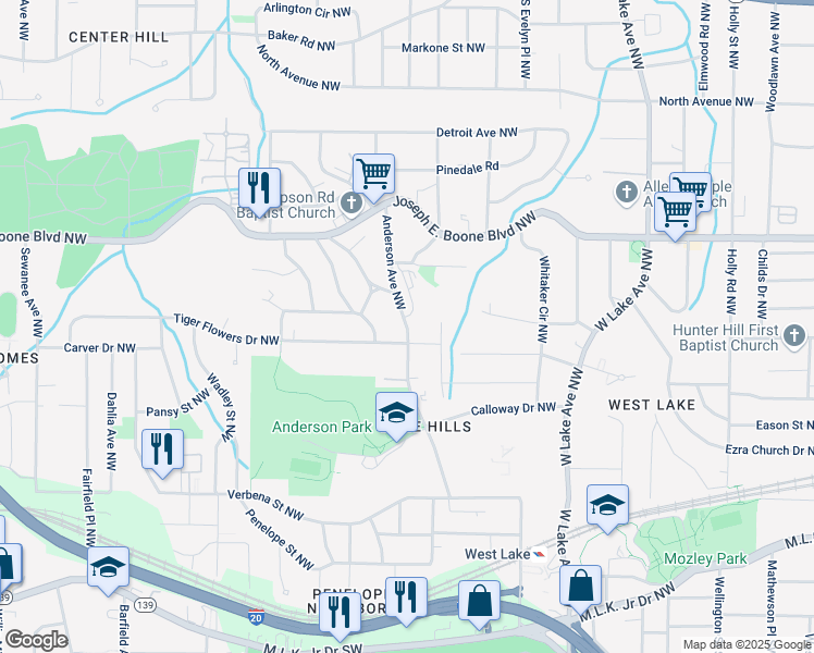 map of restaurants, bars, coffee shops, grocery stores, and more near 209 Anderson Avenue Northwest in Atlanta