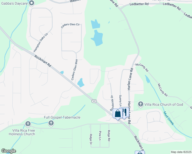 map of restaurants, bars, coffee shops, grocery stores, and more near 197 Brookside Way in Villa Rica