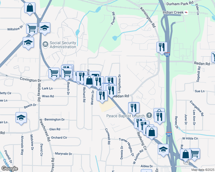 map of restaurants, bars, coffee shops, grocery stores, and more near 1146 Canal Street in Decatur