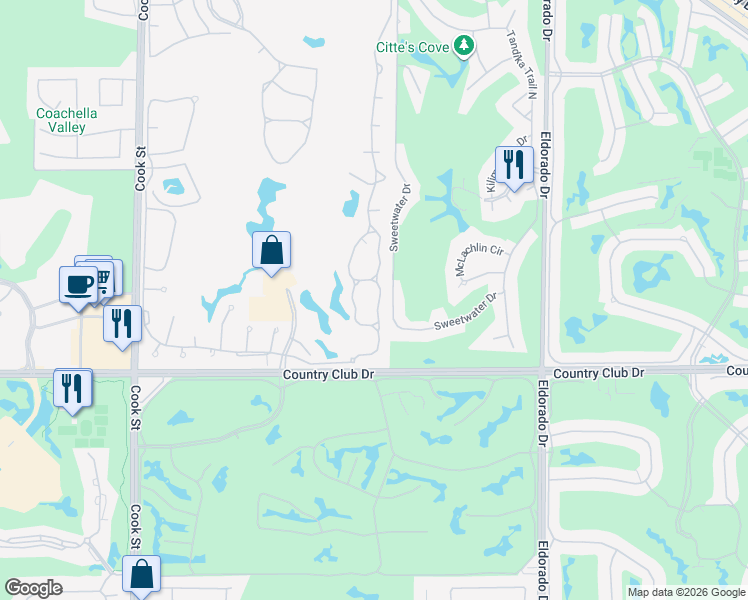 map of restaurants, bars, coffee shops, grocery stores, and more near 155 Desert Falls Drive in Palm Desert