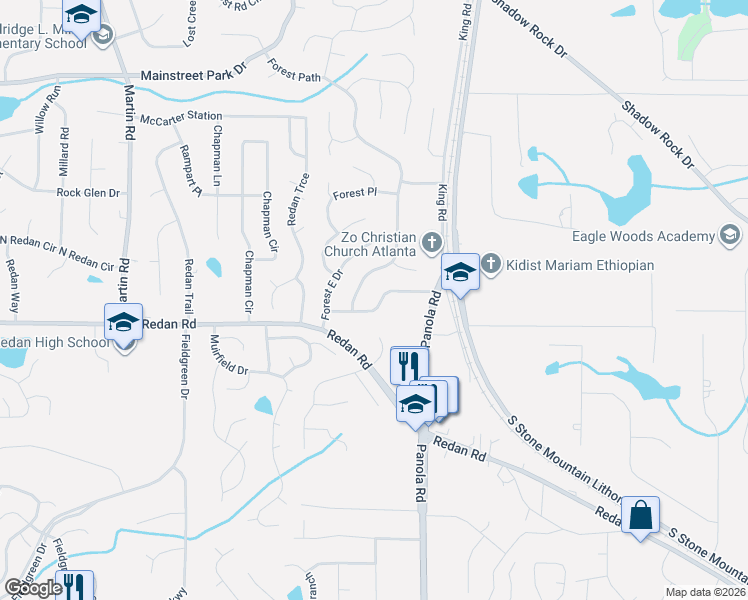 map of restaurants, bars, coffee shops, grocery stores, and more near 1137 Forest Path in Stone Mountain
