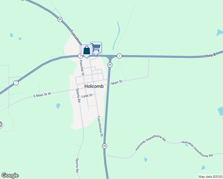 map of restaurants, bars, coffee shops, grocery stores, and more near 272 Highway 35 in Holcomb