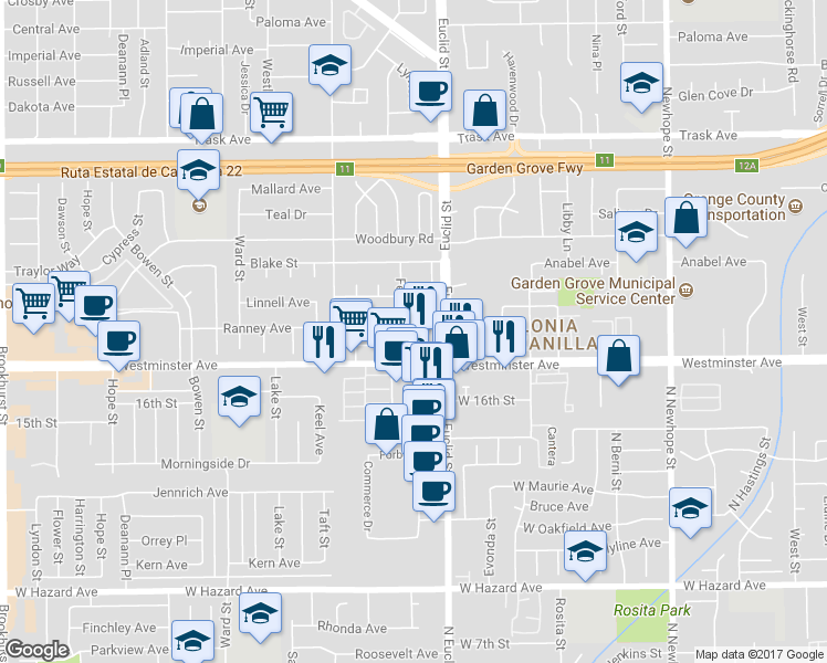 map of restaurants, bars, coffee shops, grocery stores, and more near 10912 Ranney Avenue in Garden Grove