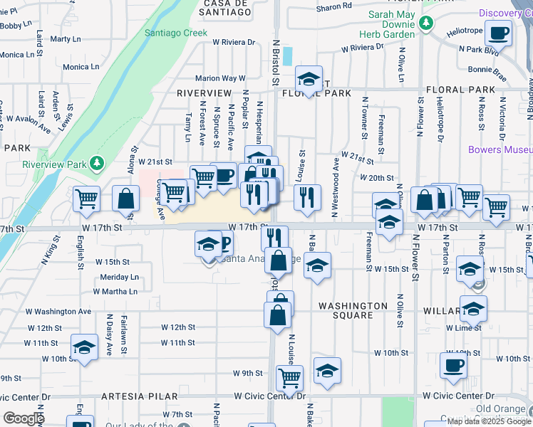 map of restaurants, bars, coffee shops, grocery stores, and more near 1702 North Bristol Street in Santa Ana