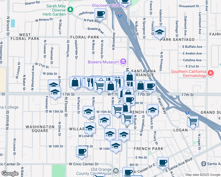map of restaurants, bars, coffee shops, grocery stores, and more near 1770 North Broadway in Santa Ana