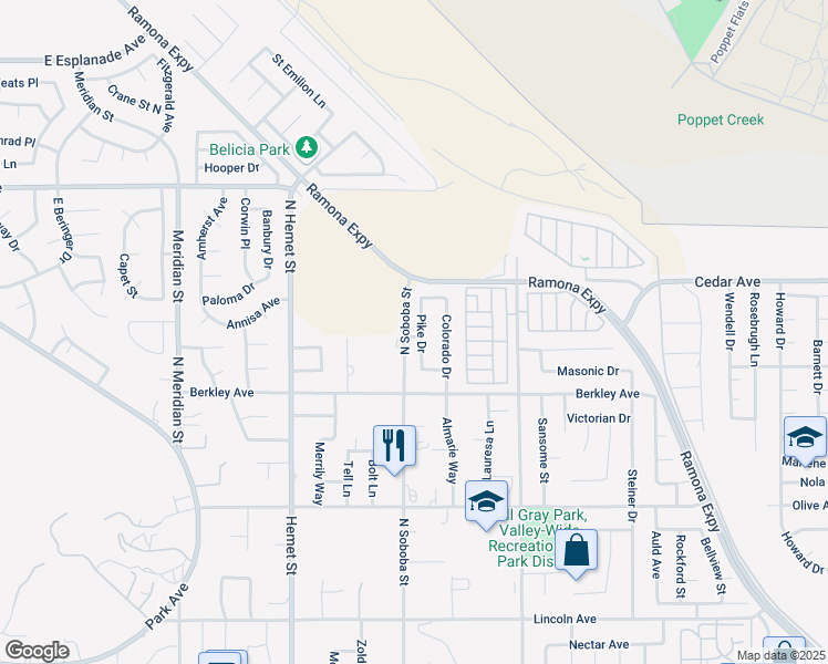map of restaurants, bars, coffee shops, grocery stores, and more near 813 Pike Drive in Hemet