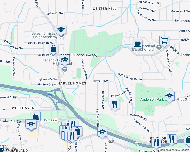 map of restaurants, bars, coffee shops, grocery stores, and more near 2328 Tiger Flowers Dr NW in Atlanta