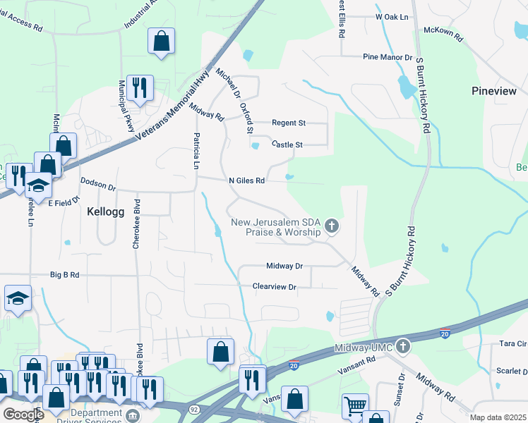 map of restaurants, bars, coffee shops, grocery stores, and more near 4289 Midway Road in Douglasville