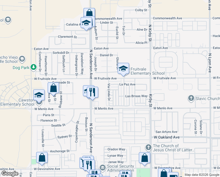 map of restaurants, bars, coffee shops, grocery stores, and more near 3064 La Habra Avenue in Hemet