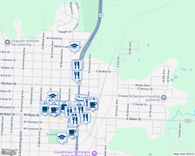map of restaurants, bars, coffee shops, grocery stores, and more near 122 East Bond Street in Denison