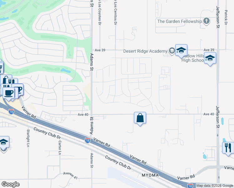 map of restaurants, bars, coffee shops, grocery stores, and more near 79202 Palmar Lane in Indio