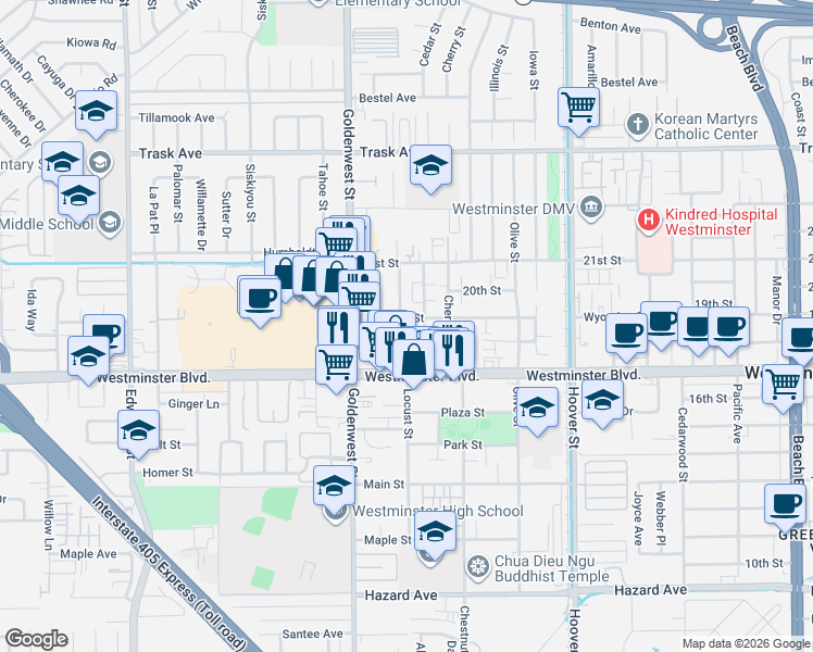 map of restaurants, bars, coffee shops, grocery stores, and more near 13872 Locust Street in Westminster