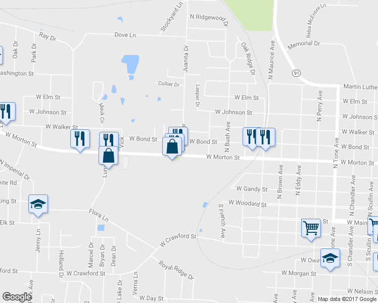 map of restaurants, bars, coffee shops, grocery stores, and more near 1827 West Morton Street in Denison