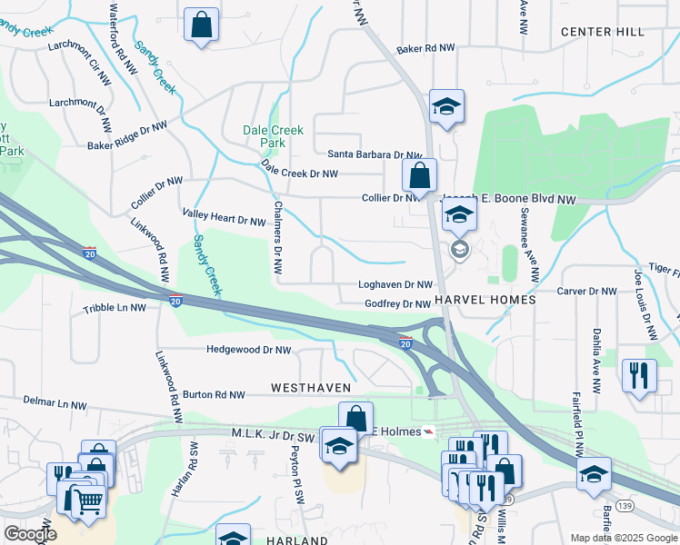 map of restaurants, bars, coffee shops, grocery stores, and more near 2621 Loghaven Drive Northwest in Atlanta