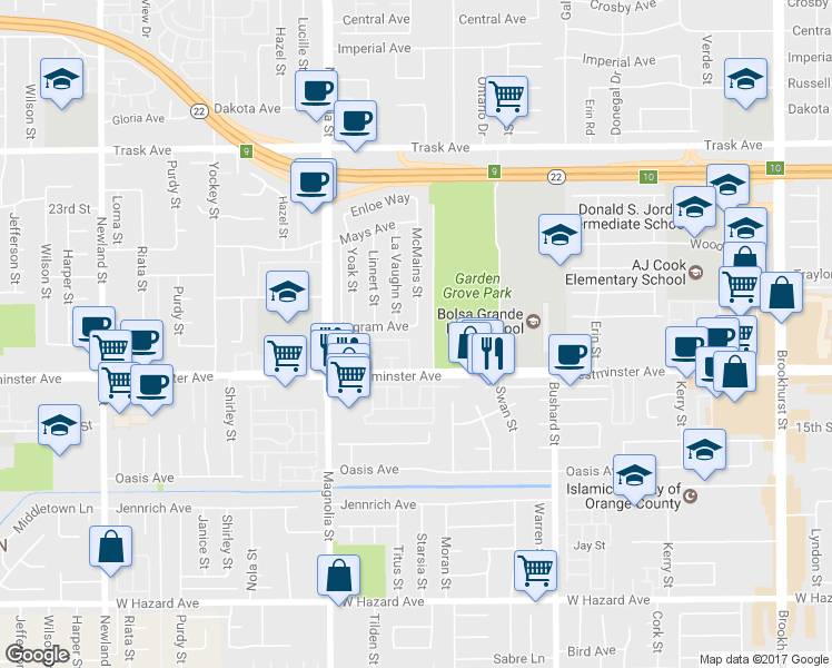 map of restaurants, bars, coffee shops, grocery stores, and more near 9192 Ingram Avenue in Garden Grove