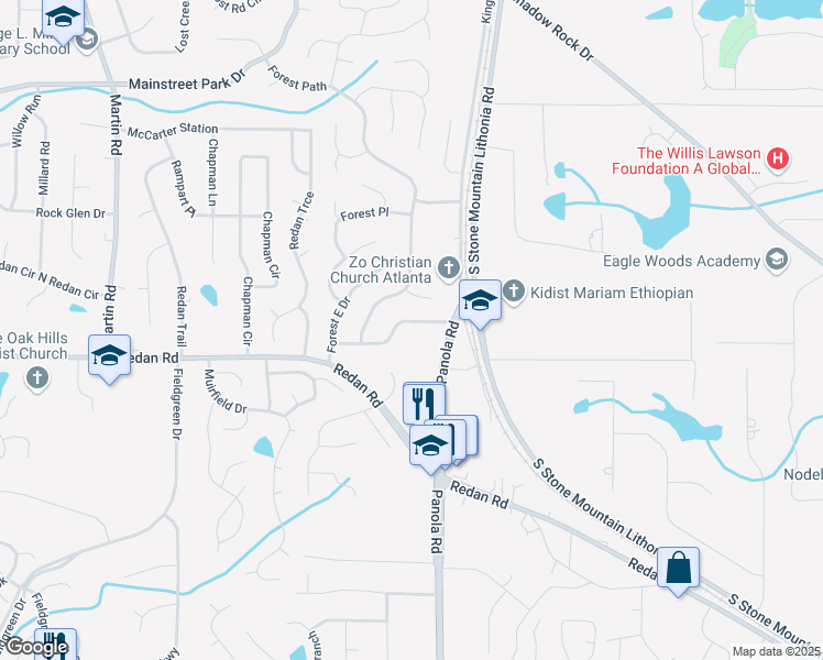 map of restaurants, bars, coffee shops, grocery stores, and more near 5443 Forest East Lane in Stone Mountain