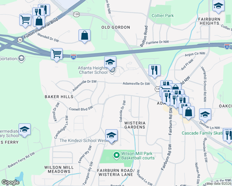 map of restaurants, bars, coffee shops, grocery stores, and more near 3755 Bakers Ferry Road Southwest in Atlanta