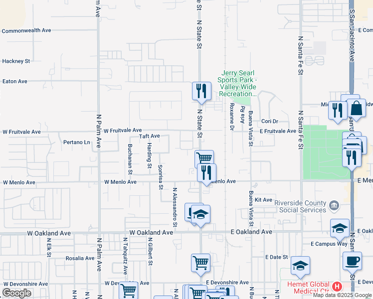 map of restaurants, bars, coffee shops, grocery stores, and more near 761 North State Street in Hemet