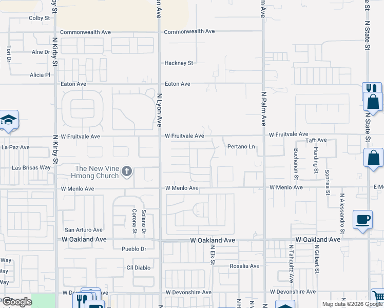 map of restaurants, bars, coffee shops, grocery stores, and more near 1300 West Menlo Avenue in Hemet