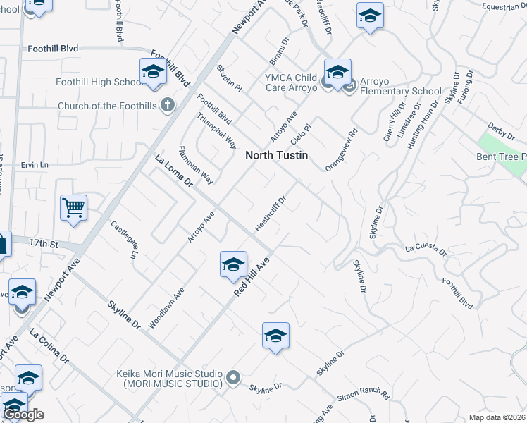 map of restaurants, bars, coffee shops, grocery stores, and more near 11661 Heathcliff Drive in North Tustin