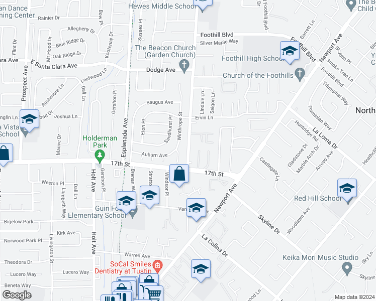 map of restaurants, bars, coffee shops, grocery stores, and more near 13952 Winthrope Street in Santa Ana