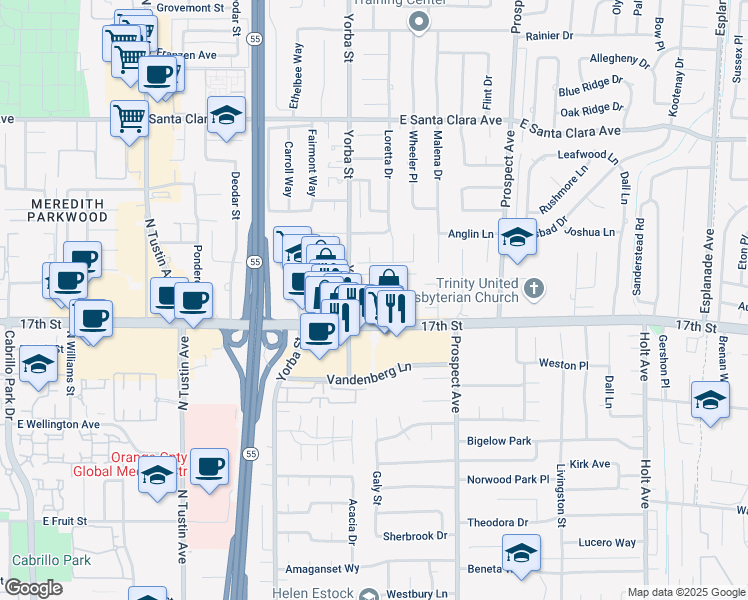 map of restaurants, bars, coffee shops, grocery stores, and more near 13902 Yorba Street in Tustin