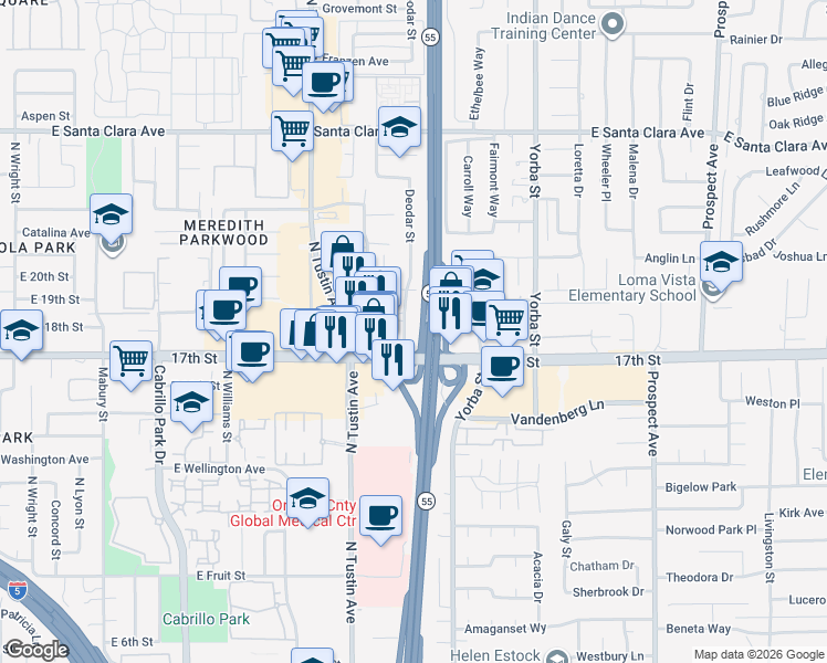 map of restaurants, bars, coffee shops, grocery stores, and more near 13931 Deodar Street in Santa Ana
