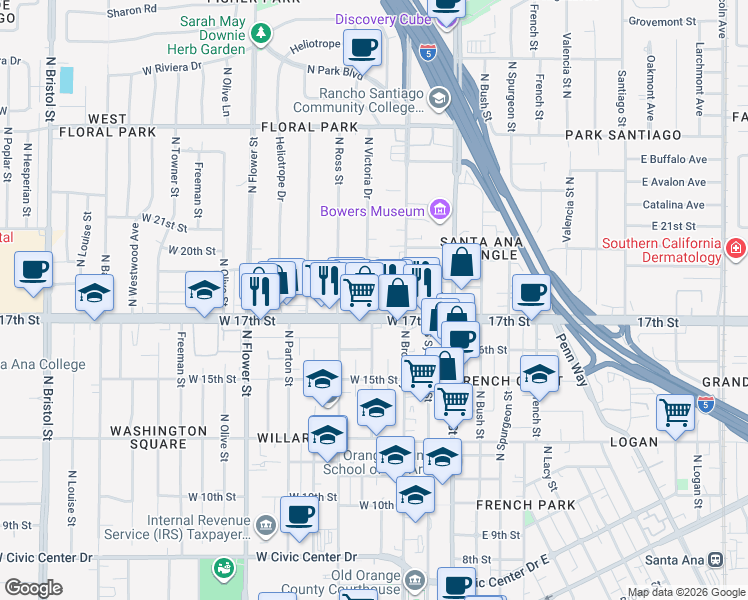 map of restaurants, bars, coffee shops, grocery stores, and more near 355 West 17th Street in Santa Ana