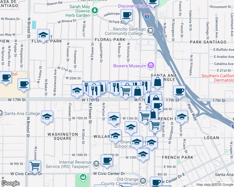 map of restaurants, bars, coffee shops, grocery stores, and more near 511 West 17th Street in Santa Ana