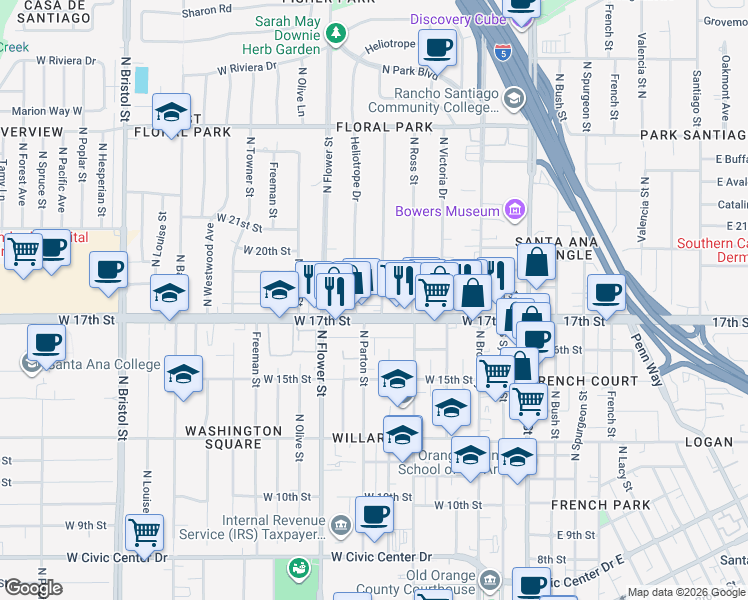 map of restaurants, bars, coffee shops, grocery stores, and more near 603 West 17th Street in Santa Ana