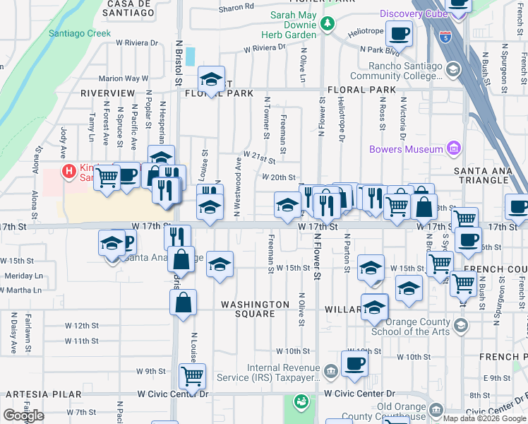 map of restaurants, bars, coffee shops, grocery stores, and more near 1071 West 17th Street in Santa Ana