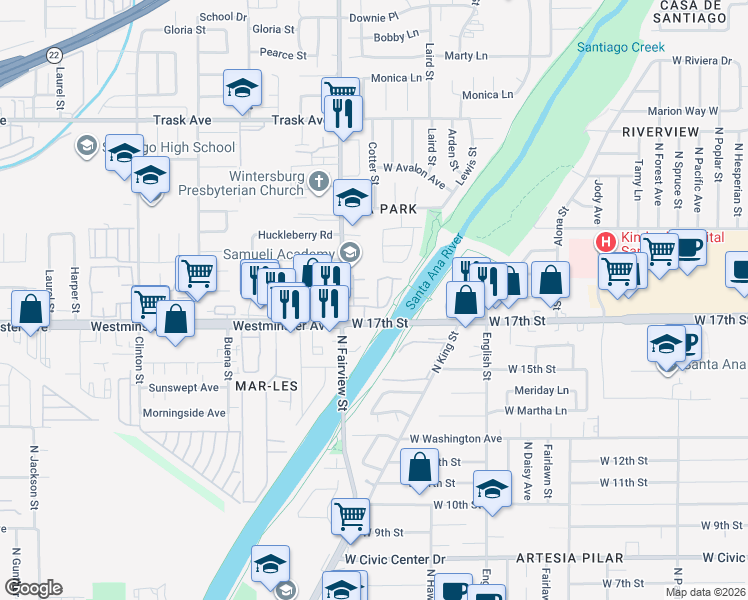 map of restaurants, bars, coffee shops, grocery stores, and more near 1711 Park Glen Circle in Santa Ana