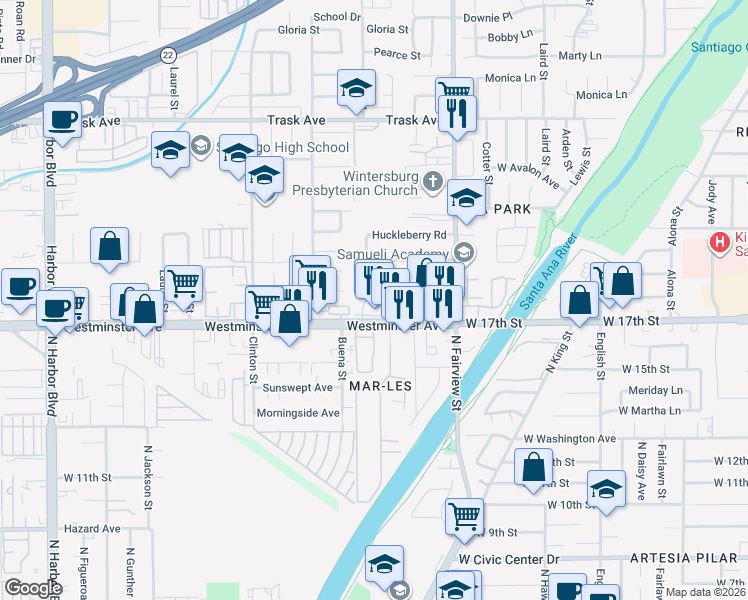 map of restaurants, bars, coffee shops, grocery stores, and more near 1714 Sydney Street in Santa Ana