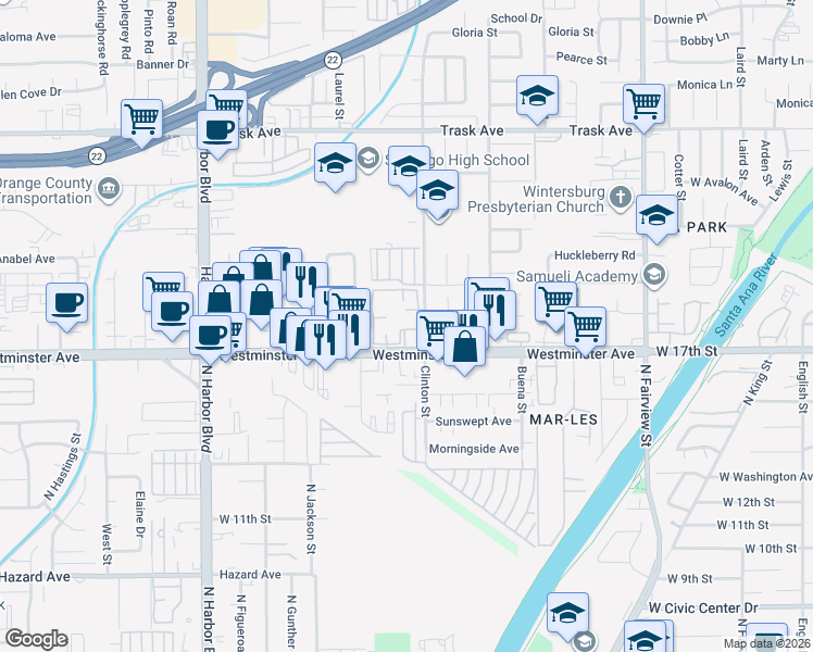map of restaurants, bars, coffee shops, grocery stores, and more near in Garden Grove