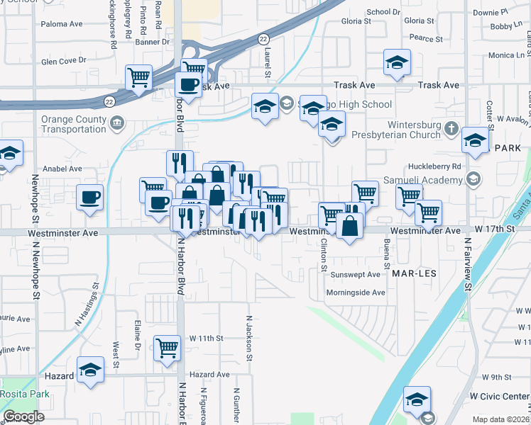 map of restaurants, bars, coffee shops, grocery stores, and more near 13942 Laurel Street in Santa Ana